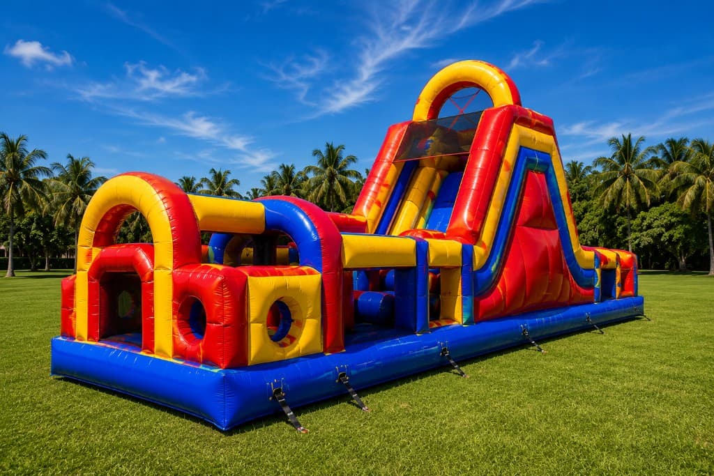 Large red, yellow, and blue commercial inflatable obstacle course with slide on a green lawn with palm trees